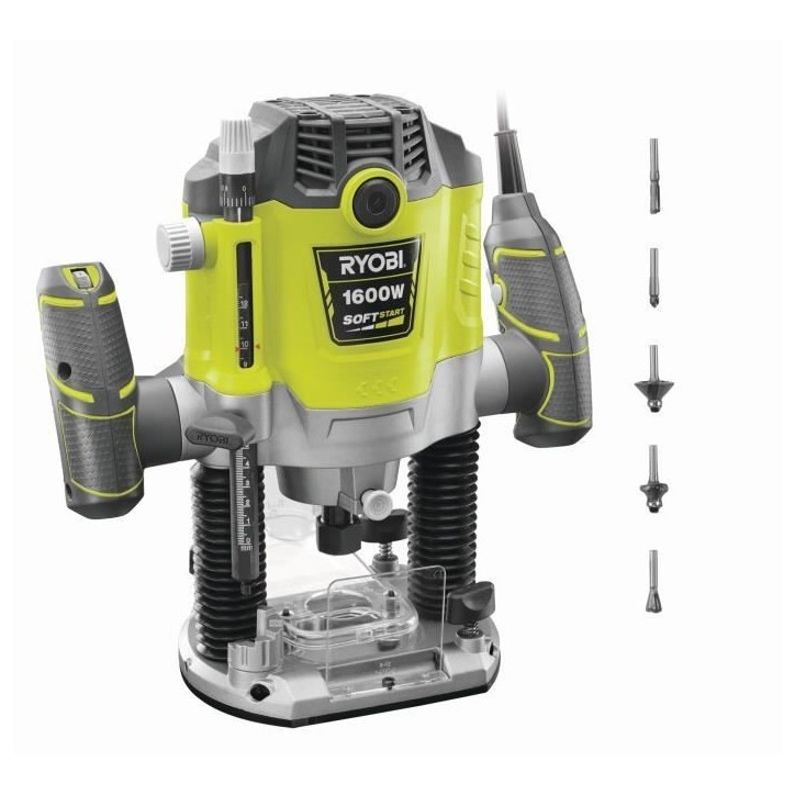 RYOBI - Défonceuse 1 600 W - 10 000-26 000 tr/min - pinces 8/6 mm - 5 fraises incluses - Livrée en coffret - RRT1600-K RYOBI - Défonceuse 1 600 W - 10 000-26 000 tr/min - pinces 8/6 mm - 5 fraises incluses - Livrée en coffret - RRT1600-K