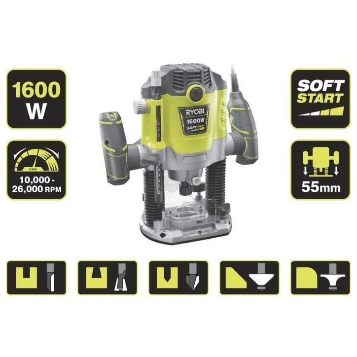 RYOBI - Défonceuse 1 600 W - 10 000-26 000 tr/min - pinces 8/6 mm - 5 fraises incluses - Livrée en coffret - RRT1600-K RYOBI - Défonceuse 1 600 W - 10 000-26 000 tr/min - pinces 8/6 mm - 5 fraises incluses - Livrée en coffret - RRT1600-K