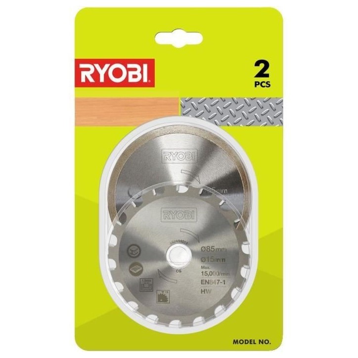 RYOBI - Kit 2 lames (1 lame pour bois/métal et 1 lame carrelage) 85 mm - alésage 15 mm pour scie multi-matériaux R18MMS - RAK RYOBI - Kit 2 lames (1 lame pour bois/métal et 1 lame carrelage) 85 mm - alésage 15 mm pour scie multi-matériaux R18MMS - RAK