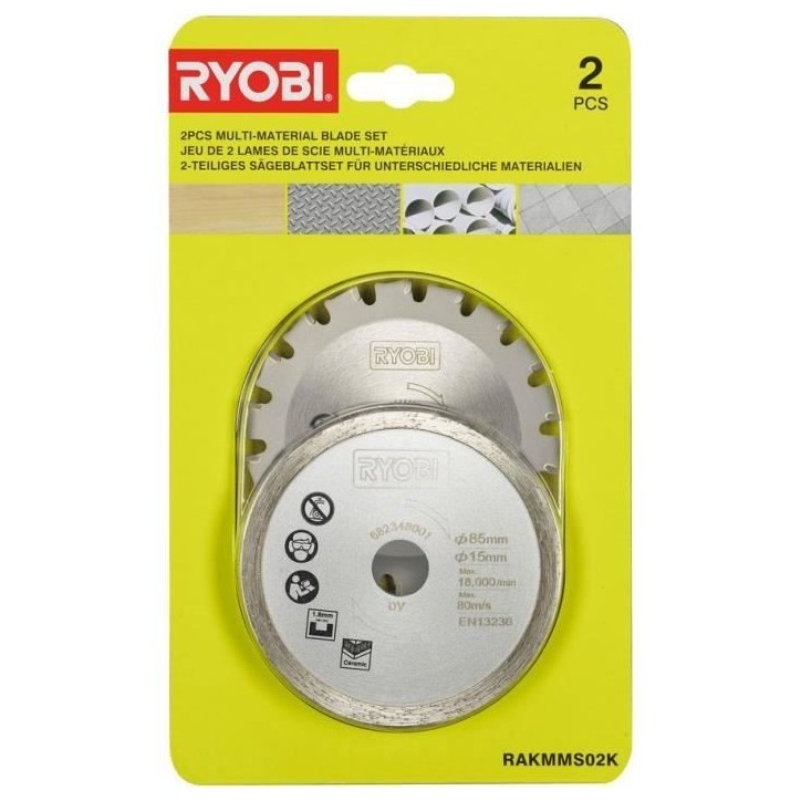 RYOBI - Kit 2 lames (1 lame pour bois/métal et 1 lame carrelage) 85 mm - alésage 15 mm pour scie multi-matériaux R18MMS - RAK RYOBI - Kit 2 lames (1 lame pour bois/métal et 1 lame carrelage) 85 mm - alésage 15 mm pour scie multi-matériaux R18MMS - RAK