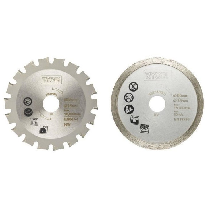 RYOBI - Kit 2 lames (1 lame pour bois/métal et 1 lame carrelage) 85 mm - alésage 15 mm pour scie multi-matériaux R18MMS - RAK RYOBI - Kit 2 lames (1 lame pour bois/métal et 1 lame carrelage) 85 mm - alésage 15 mm pour scie multi-matériaux R18MMS - RAK