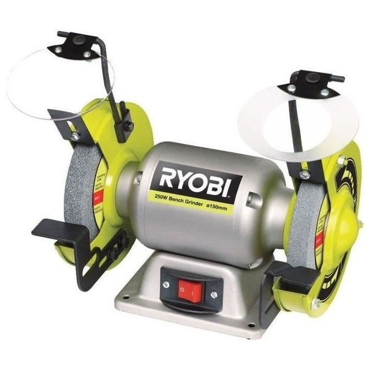 RYOBI - Touret a meuler 250 W + meule a ébavurer, meule de finition, 2 pare-éclats transparents et 2 porte-pieces - RBG6G1 RYOBI - Touret a meuler 250 W + meule a ébavurer, meule de finition, 2 pare-éclats transparents et 2 porte-pieces - RBG6G1