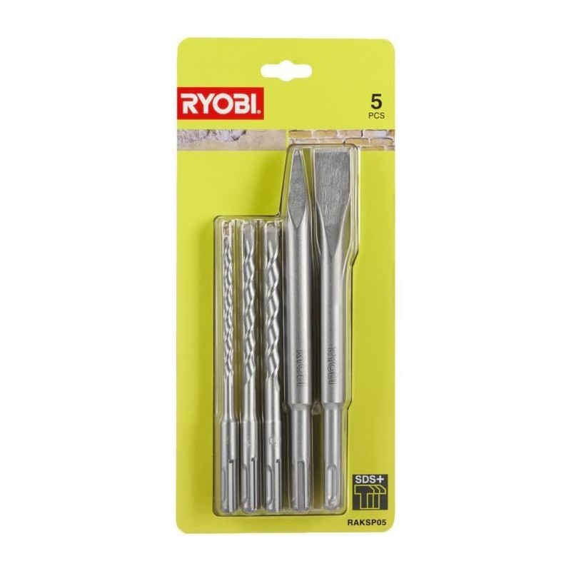 RYOBI - Kit 3 forets (6 mm, 8 mm, 10 mm) et 2 burins SDS+ (1 pointe et