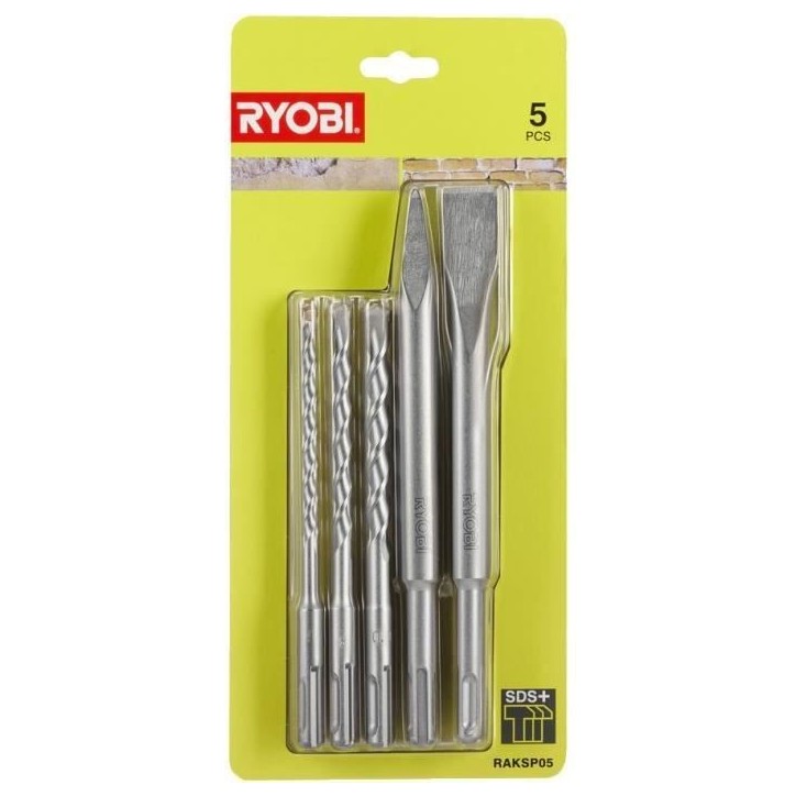 RYOBI - Kit 3 forets (6 mm, 8 mm, 10 mm) et 2 burins SDS+ (1 pointe et 1 plat) - RAKSP05