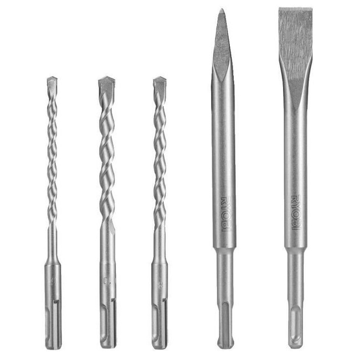 RYOBI - Kit 3 forets (6 mm, 8 mm, 10 mm) et 2 burins SDS+ (1 pointe et 1 plat) - RAKSP05