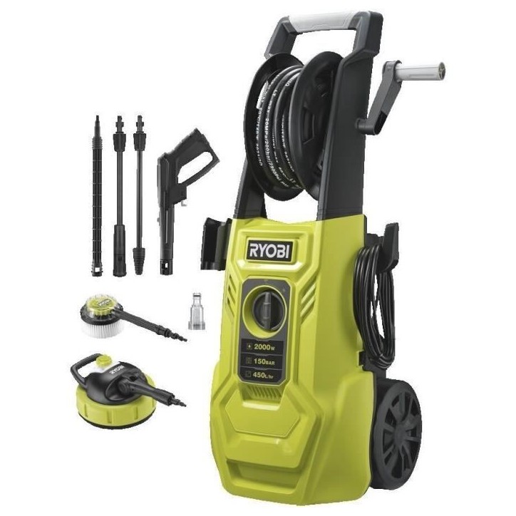 RYOBI - Nettoyeur haute pression 2000 W 150 bars - 450 L - flexible 8m, réservoir 0,9L + lances vario & turbo et brosse - RY150 RYOBI - Nettoyeur haute pression 2000 W 150 bars - 450 L - flexible 8m, réservoir 0,9L + lances vario & turbo et brosse - RY150