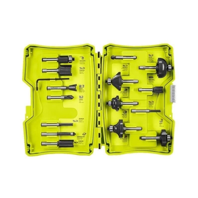 RYOBI - Coffret 15 fraises panachées queue diam. 6 mm + clé pour dé RYOBI - Coffret 15 fraises panachées queue diam. 6 mm + clé pour dé