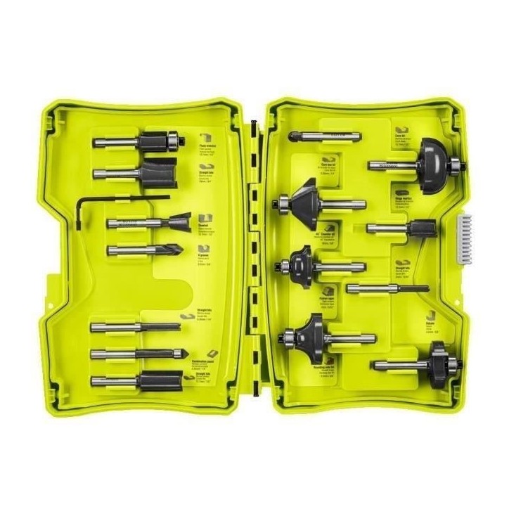 RYOBI - Coffret 15 fraises panachées queue diam. 6 mm + clé pour défonceuses R18TR-0 / R18TR-0 / RRT1600 / ERT1400RV - RAKRBS RYOBI - Coffret 15 fraises panachées queue diam. 6 mm + clé pour défonceuses R18TR-0 / R18TR-0 / RRT1600 / ERT1400RV - RAKRBS