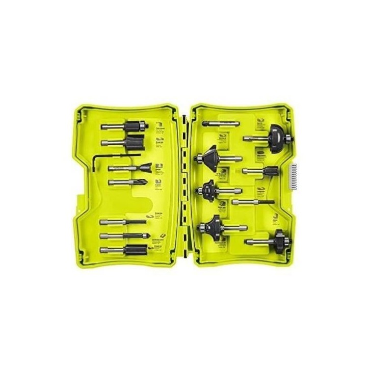 RYOBI - Coffret 15 fraises panachées queue diam. 6 mm + clé pour défonceuses R18TR-0 / R18TR-0 / RRT1600 / ERT1400RV - RAKRBS RYOBI - Coffret 15 fraises panachées queue diam. 6 mm + clé pour défonceuses R18TR-0 / R18TR-0 / RRT1600 / ERT1400RV - RAKRBS
