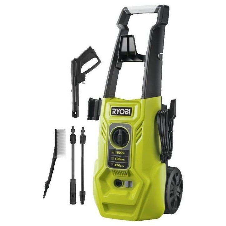 RYOBI - Nettoyeur haute pression 1600 W 130 bars - 420 L - flexible 5m, réservoir 0,9L + lances vario & turbo et brosse - RY130 RYOBI - Nettoyeur haute pression 1600 W 130 bars - 420 L - flexible 5m, réservoir 0,9L + lances vario & turbo et brosse - RY130