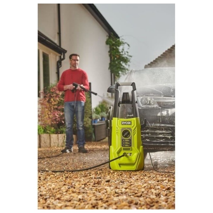 RYOBI - Nettoyeur haute pression 1600 W 130 bars - 420 L - flexible 5m, réservoir 0,9L + lances vario & turbo et brosse - RY130 RYOBI - Nettoyeur haute pression 1600 W 130 bars - 420 L - flexible 5m, réservoir 0,9L + lances vario & turbo et brosse - RY130
