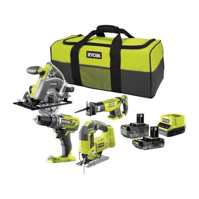 RYOBI 4 outils : 1 perceuse-visseuse + scies (sauteuse, circulaire & s RYOBI 4 outils : 1 perceuse-visseuse + scies (sauteuse, circulaire & s