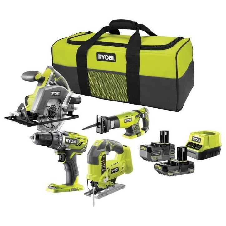 RYOBI 4 outils : 1 perceuse-visseuse + scies (sauteuse, circulaire & sabre) + 2 batteries 4 Ah & 2Ah + 1 chargeur & sac de trans RYOBI 4 outils : 1 perceuse-visseuse + scies (sauteuse, circulaire & sabre) + 2 batteries 4 Ah & 2Ah + 1 chargeur & sac de trans