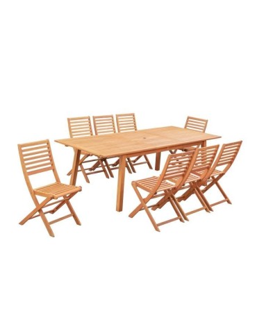 Ensemble repas de jardin extensible 6 a 8 personnes - table 180-240x100 cm extension papillon et 8 chaises pliantes - Eucalyptus