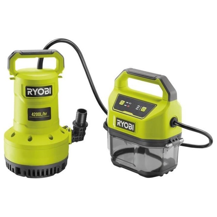 RYOBI - Pompe d'évacuation 18V - 4 200 l/h - immersion maxi. 5 m - IPX7 - minuterie 3 réglages - vendue sans batterie - RY18SP RYOBI - Pompe d'évacuation 18V - 4 200 l/h - immersion maxi. 5 m - IPX7 - minuterie 3 réglages - vendue sans batterie - RY18SP