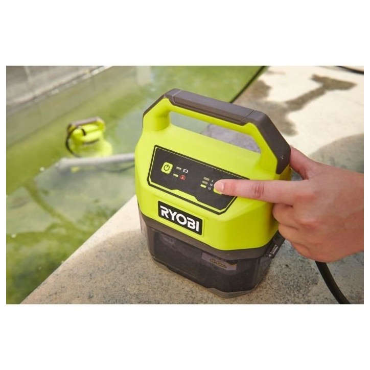RYOBI - Pompe d'évacuation 18V - 4 200 l/h - immersion maxi. 5 m - IPX7 - minuterie 3 réglages - vendue sans batterie - RY18SP RYOBI - Pompe d'évacuation 18V - 4 200 l/h - immersion maxi. 5 m - IPX7 - minuterie 3 réglages - vendue sans batterie - RY18SP