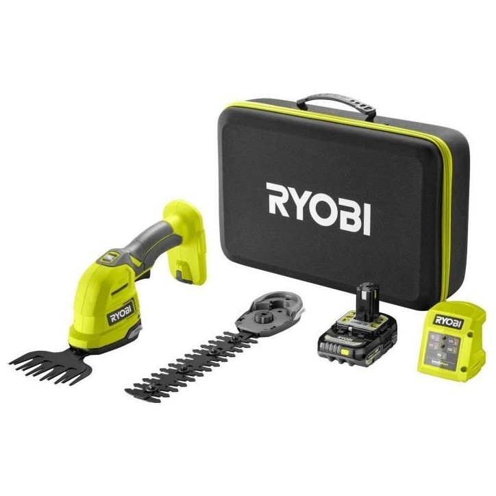 RYOBI - Cisaille a gazon / sculpteur de végétaux 18V ONE+ - Mallette de rangement + batterie 2,0 Ah & chargeur - RY18GSA-120T RYOBI - Cisaille a gazon / sculpteur de végétaux 18V ONE+ - Mallette de rangement + batterie 2,0 Ah & chargeur - RY18GSA-120T