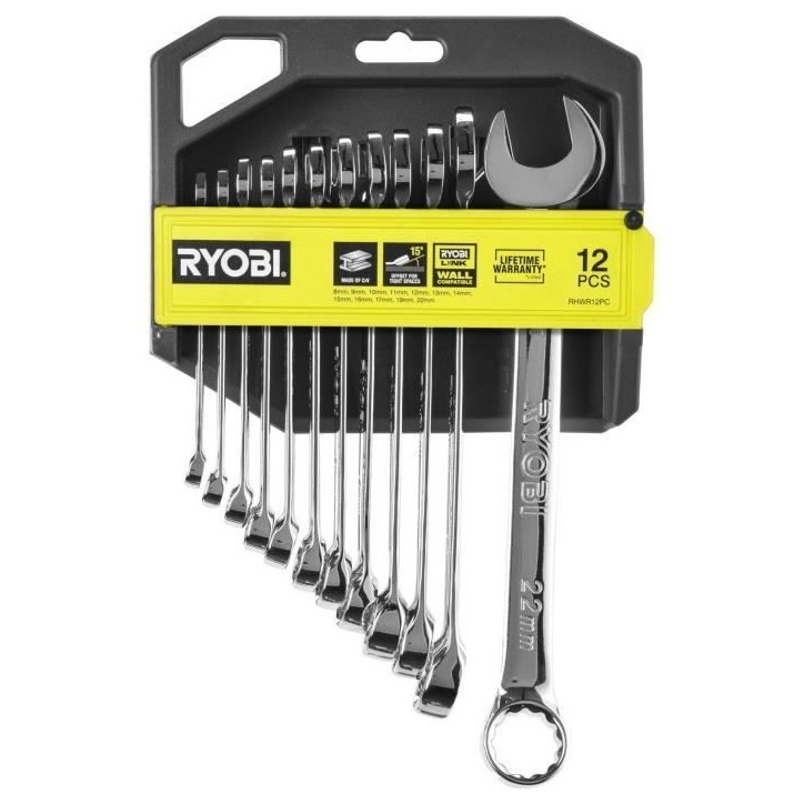 Jeu de 12 clés (8, 9, 10, 11, 12, 13, 14, 15, 16, 17, 19, 22 mm) - RYOBI - Angle de reprise 15° - Compatible avec Ryobi LINK Jeu de 12 clés (8, 9, 10, 11, 12, 13, 14, 15, 16, 17, 19, 22 mm) - RYOBI - Angle de reprise 15° - Compatible avec Ryobi LINK