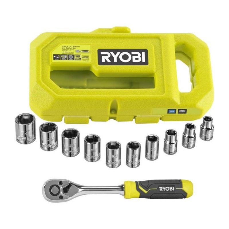 RYOBI - Coffret 1 clé 90 dents, 8 douilles (de 8 a 15 mm) & adaptateu RYOBI - Coffret 1 clé 90 dents, 8 douilles (de 8 a 15 mm) & adaptateu