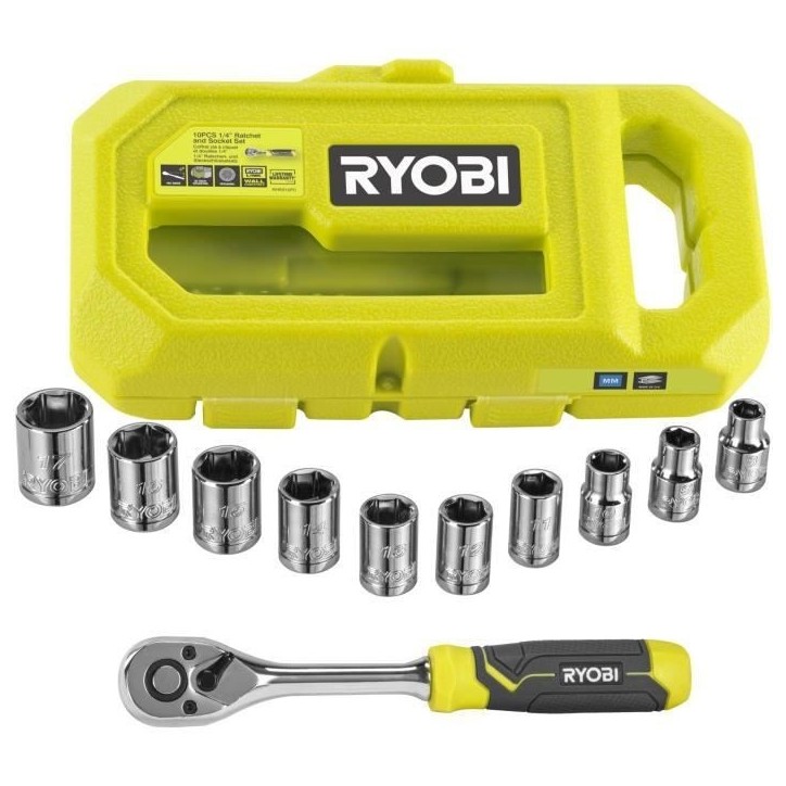 RYOBI - Coffret 1 clé 90 dents, 8 douilles (de 8 a 15 mm) & adaptateur 1/4'' - 3/8'' - Compatible Ryobi LINK - RHRS10PC RYOBI - Coffret 1 clé 90 dents, 8 douilles (de 8 a 15 mm) & adaptateur 1/4'' - 3/8'' - Compatible Ryobi LINK - RHRS10PC