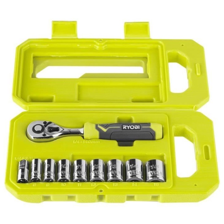 RYOBI - Coffret 1 clé 90 dents, 8 douilles (de 8 a 15 mm) & adaptateur 1/4'' - 3/8'' - Compatible Ryobi LINK - RHRS10PC RYOBI - Coffret 1 clé 90 dents, 8 douilles (de 8 a 15 mm) & adaptateur 1/4'' - 3/8'' - Compatible Ryobi LINK - RHRS10PC