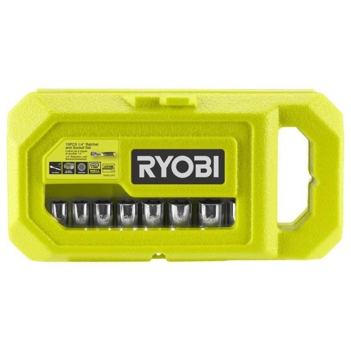 RYOBI - Coffret 1 clé 90 dents, 8 douilles (de 8 a 15 mm) & adaptateur 1/4'' - 3/8'' - Compatible Ryobi LINK - RHRS10PC RYOBI - Coffret 1 clé 90 dents, 8 douilles (de 8 a 15 mm) & adaptateur 1/4'' - 3/8'' - Compatible Ryobi LINK - RHRS10PC