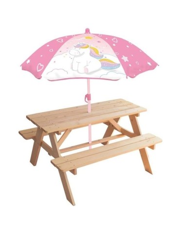 Table pique-nique Licorne en pin avec parasol - FUN HOUSE - H.53 x l.95 x P.75 cm - Pour enfant