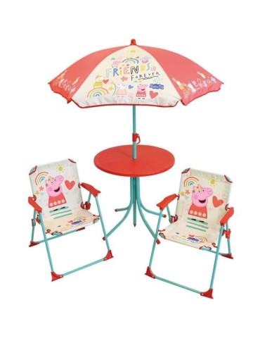 FUN HOUSE Peppa Pig Salon de jardin - 1 table H.46xø46cm, 2 chaises H.53xl.38,5xP.37,5 cm et 1 parasol H.125 x ø100 cm - Pour