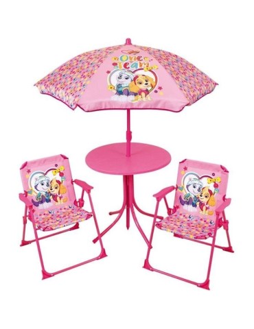 Salon de jardin FUN HOUSE PAT'PATROUILLE - 1 table 46xø46 cm, 2 chaises H.53xl.38,5xP.37,5cm et 1 parasol