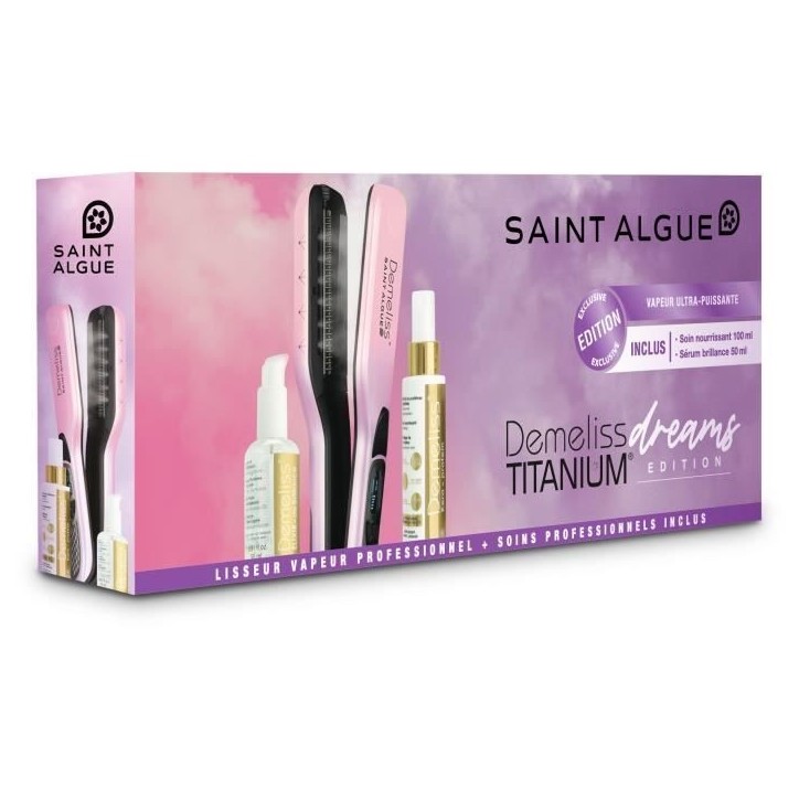 Lisseur Vapeur - SAINT ALGUE - Coffret Premium Demeliss TITANIUM DREAMS - Coloris Exclusif + Soins Avant & Apres Lissage Lisseur Vapeur - SAINT ALGUE - Coffret Premium Demeliss TITANIUM DREAMS - Coloris Exclusif + Soins Avant & Apres Lissage