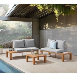 Salon de jardin canapé d'angle - Aluminium effet bois - 4 personnes -