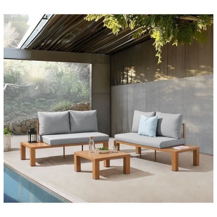 Salon de jardin canapé d'angle - Aluminium effet bois - 4 personnes - Gris perle Salon de jardin canapé d'angle - Aluminium effet bois - 4 personnes - Gris perle