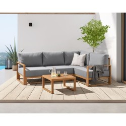 Salon de jardin canapé d'angle SANTA - Aluminium effet bois - 5 perso
