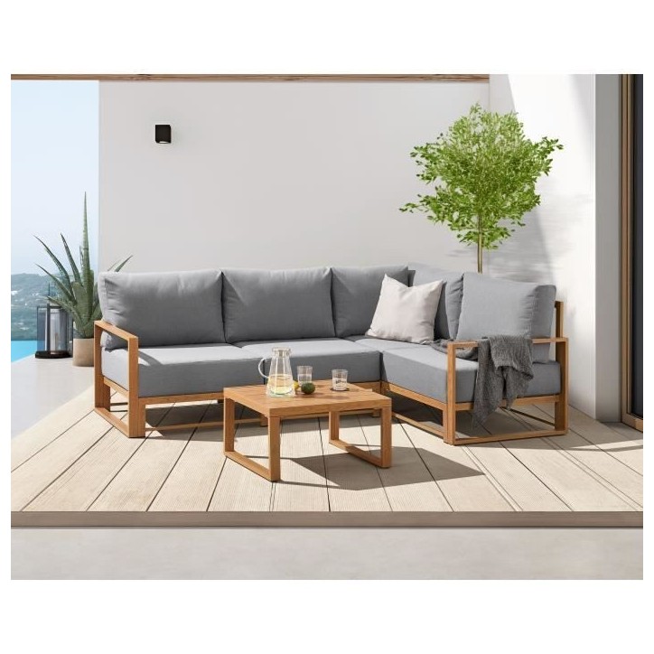 Salon de jardin canapé d'angle SANTA - Aluminium effet bois - 5 personnes - Gris clair Salon de jardin canapé d'angle SANTA - Aluminium effet bois - 5 personnes - Gris clair