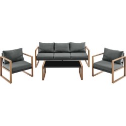 Salon bas de jardin en aluminium effet bois avec coussins - 5 personne
