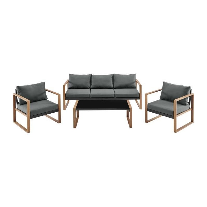 Salon bas de jardin en aluminium effet bois avec coussins - 5 personne Salon bas de jardin en aluminium effet bois avec coussins - 5 personne