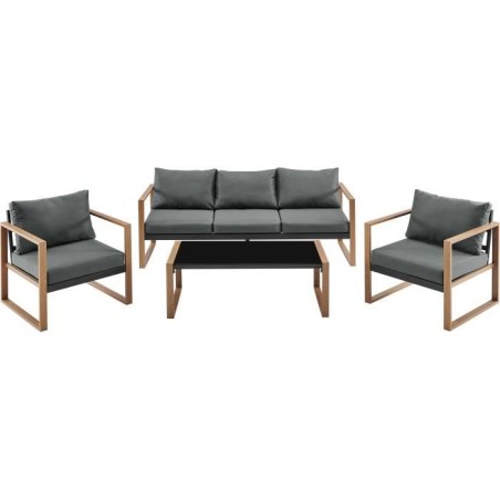 Salon bas de jardin en aluminium effet bois avec coussins - 5 personne