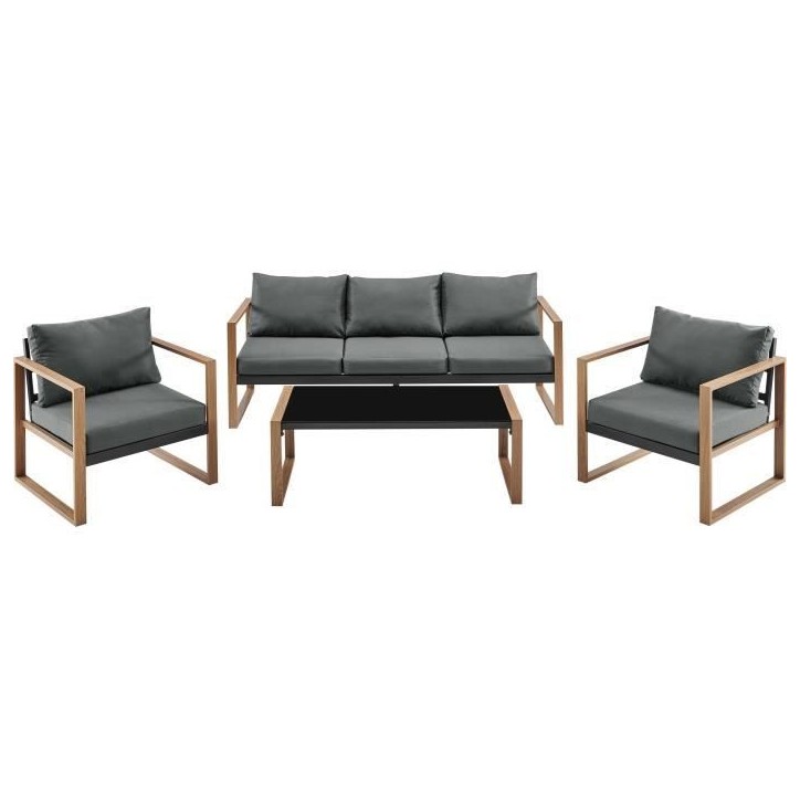 Salon bas de jardin en aluminium effet bois avec coussins - 5 personnes - PUERTO - Gris Salon bas de jardin en aluminium effet bois avec coussins - 5 personnes - PUERTO - Gris