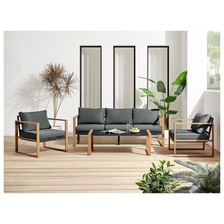 Salon bas de jardin en aluminium effet bois avec coussins - 5 personnes - PUERTO - Gris Salon bas de jardin en aluminium effet bois avec coussins - 5 personnes - PUERTO - Gris