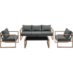 Salon bas de jardin en aluminium effet bois avec coussins - 5 personne