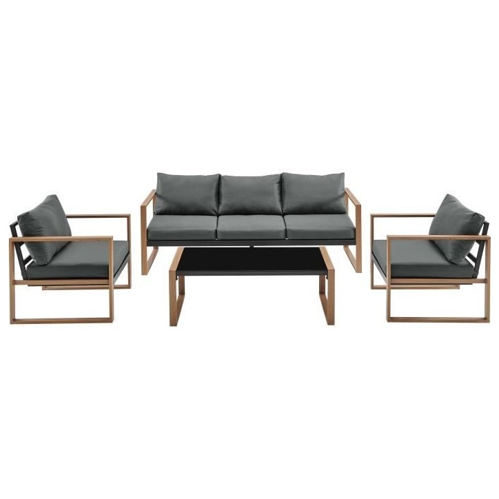 Salon bas de jardin en aluminium effet bois avec coussins - 5 personnes - PUERTO - Gris Salon bas de jardin en aluminium effet bois avec coussins - 5 personnes - PUERTO - Gris