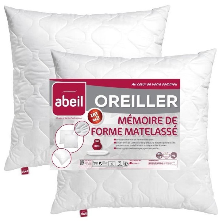 ABEIL Lot de 2 Oreillers a mémoire de forme matelassés- 60x60 cm - Blanc ABEIL Lot de 2 Oreillers a mémoire de forme matelassés- 60x60 cm - Blanc