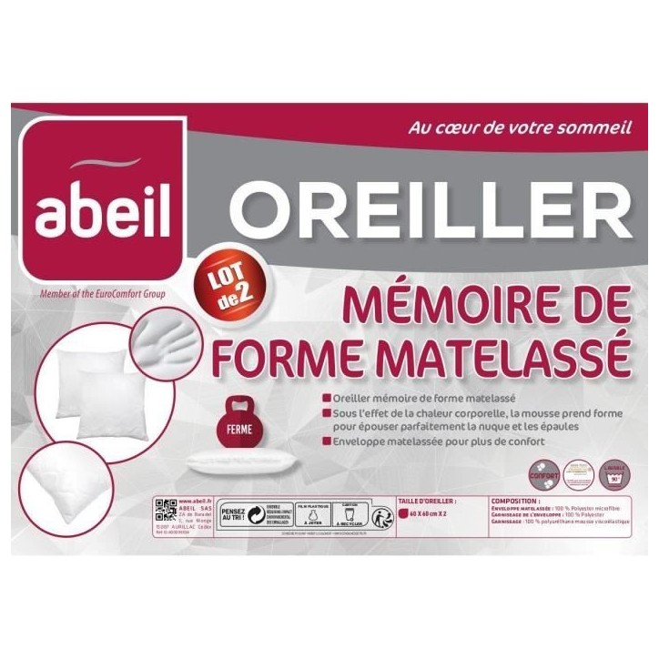ABEIL Lot de 2 Oreillers a mémoire de forme matelassés- 60x60 cm - Blanc ABEIL Lot de 2 Oreillers a mémoire de forme matelassés- 60x60 cm - Blanc