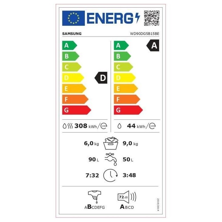 Lave-linge séchant SAMSUNG AI ecobubble™ WD90DG5B15BE - 9 / 6 kg - L60cm - 1400 trs/min - Blanc