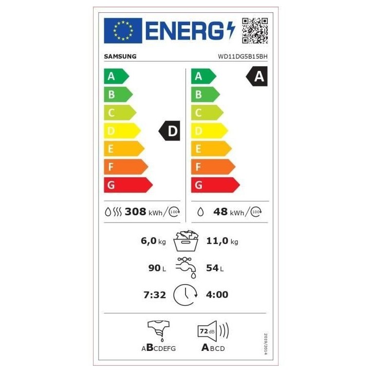 Lave-linge séchant SAMSUNG AI ecobubble™ WD11DG5B15BH - 11 / 6 kg - L60cm - 1400 trs/min - Blanc Lave-linge séchant SAMSUNG AI ecobubble™ WD11DG5B15BH - 11 / 6 kg - L60cm - 1400 trs/min - Blanc