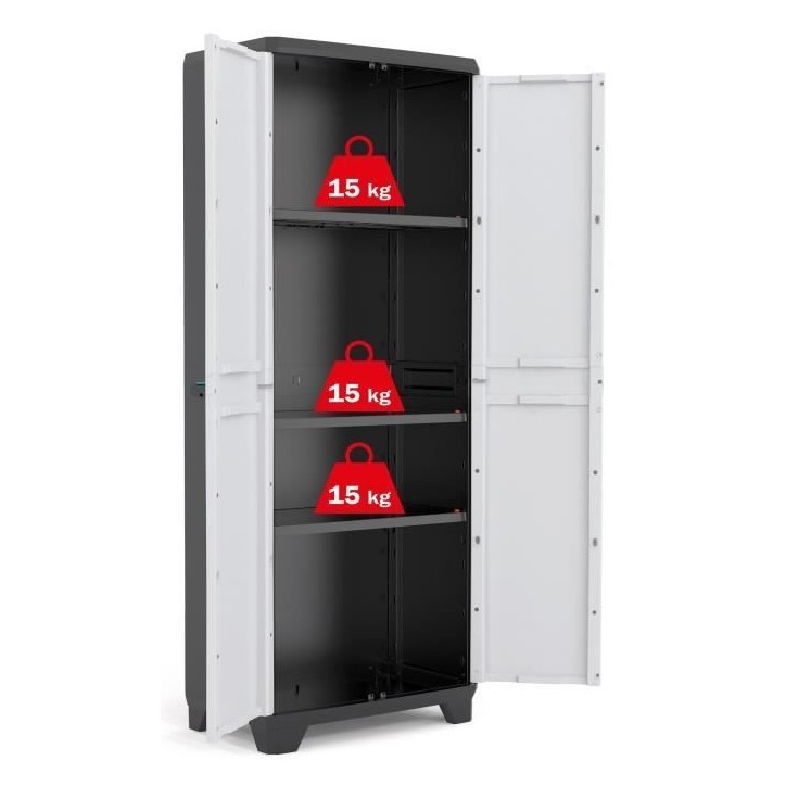 Armoire de rangement haute KETER LINEAR - Noir / Gris - 68 x 39 x 173 cm - 3 étageres réglables - Cadenassable Armoire de rangement haute KETER LINEAR - Noir / Gris - 68 x 39 x 173 cm - 3 étageres réglables - Cadenassable