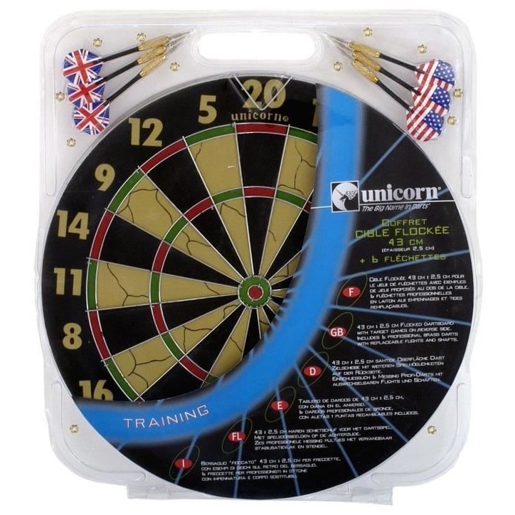 Coffret cible - UNICORN - Flocquée 43cm avec 6 fléchettes ailettes Coffret cible - UNICORN - Flocquée 43cm avec 6 fléchettes ailettes