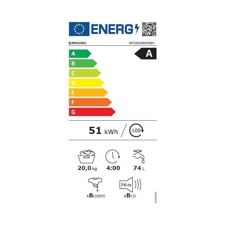 Lave-linge hublot SAMSUNG Ecobubble™ WF20DG8650BV - 20 kg - Digital Inverter - L68,6cm - 1000 trs/min - Classe A - Noir Lave-linge hublot SAMSUNG Ecobubble™ WF20DG8650BV - 20 kg - Digital Inverter - L68,6cm - 1000 trs/min - Classe A - Noir