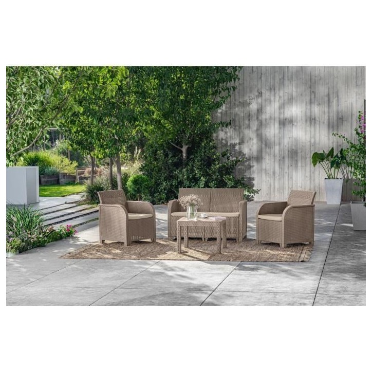 Salon de jardin - en résine imitation rotin tressé - Allibert by KETER - 4 personnes - SanRemo - Cappuccino