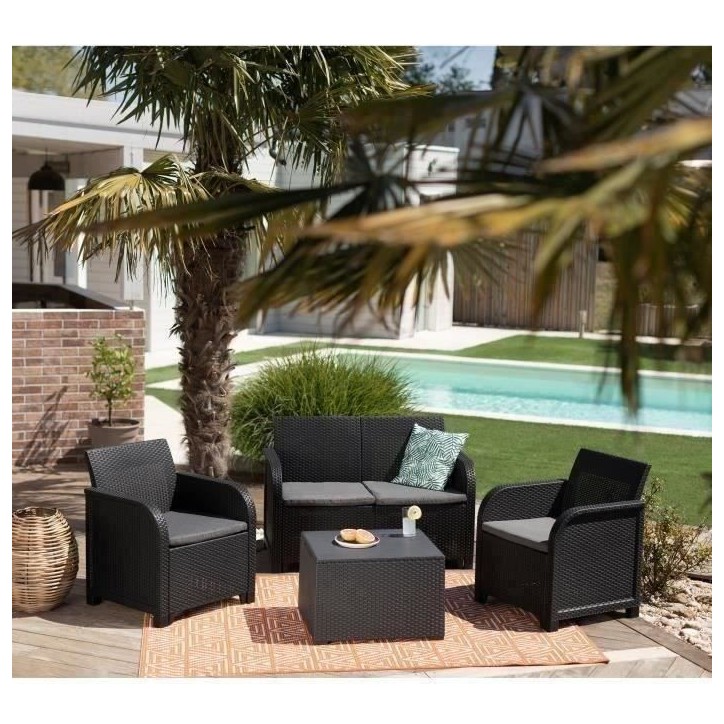Salon de jardin avec coffre de rangement - en résine - Allibert by KETER - 4 personnes - SanRemo - Gris graphite Salon de jardin avec coffre de rangement - en résine - Allibert by KETER - 4 personnes - SanRemo - Gris graphite